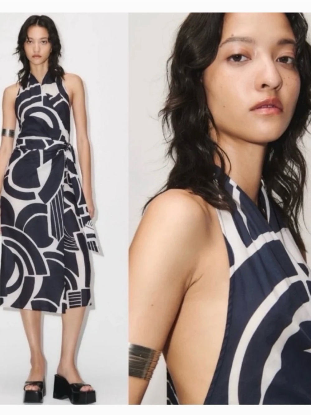 Zara Navy and White Halter Midi Dress with Graphic Print The Nicole